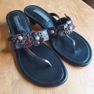 Brighton Lavonn Leather Black and Brown Strappy Heeled Sandals Floral Womens 9M